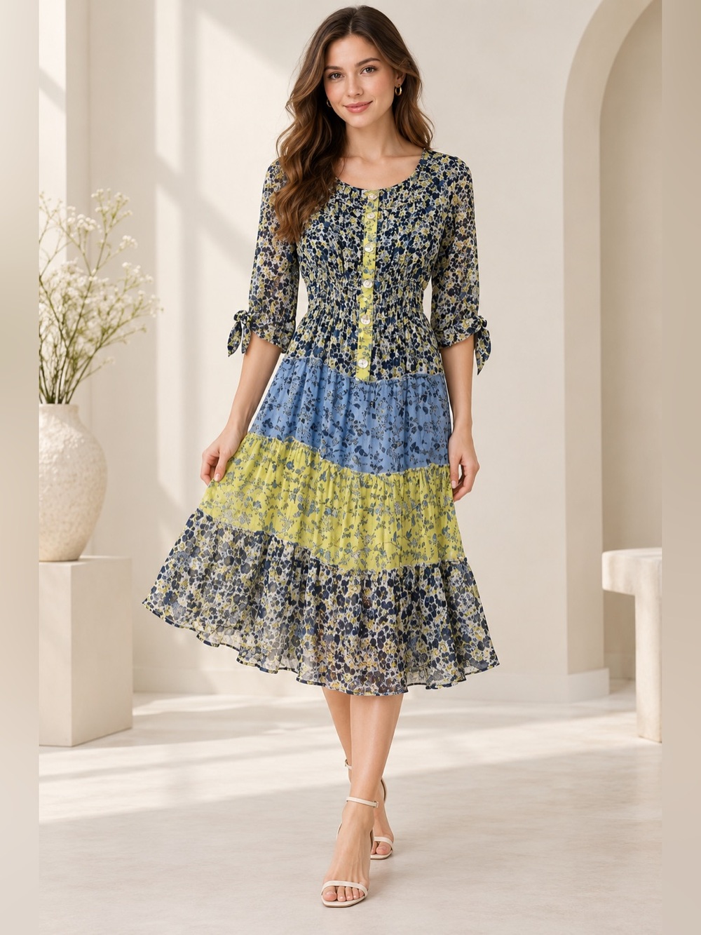 Fig and Flower Floral Sheer Midi Dress Size S Blue Yellow